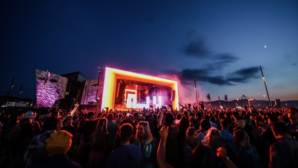 Photo of the main stage at night at 2022’s AVA Belfast