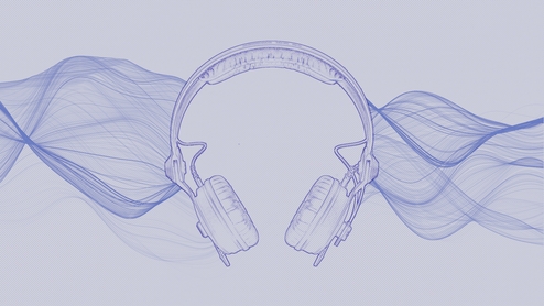Blue illustration of a pair of headphones with swirling blue soundwaves coming out of either side