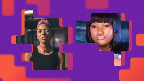 Press shots of DJ Holographic and Lyric Hood. The photo is on an abstract purple and orange background in the same style as the 'Synergy' album artwork
