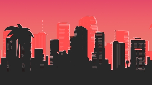 An illustrated black silhouette of the Miami skyline under a hazy pink-red sky
