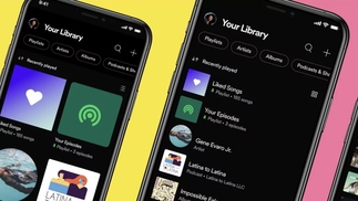 Two phones showing Spotify library and search functions