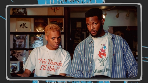 Vonne Parks and Andre Dre Gainey of They Hate change side by side in a record store looking at the camera