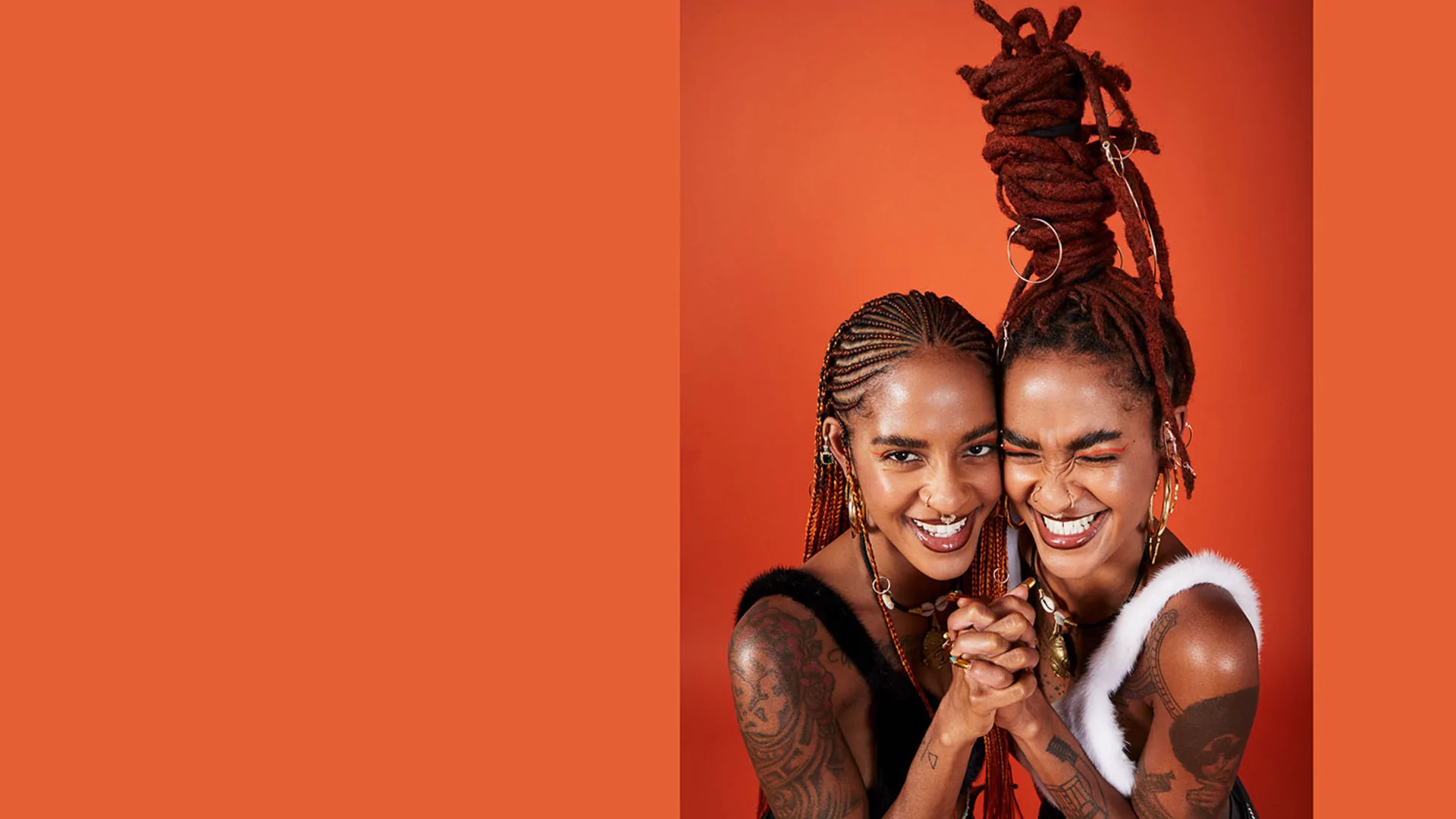 DJ Mag north america cover shot of Coco & Breezy grinning while holding their hands together in front of their faces