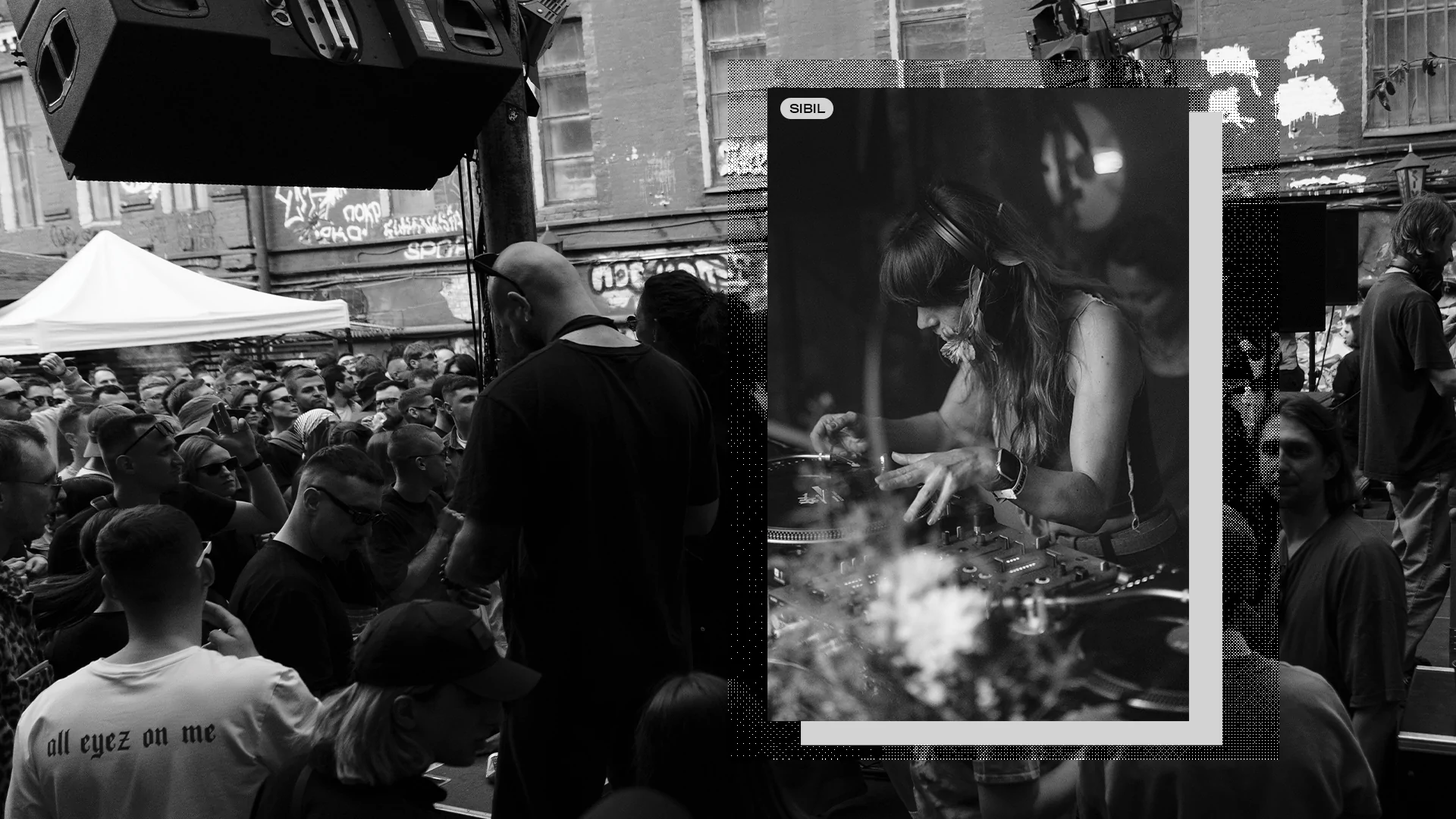 Black and white collage of Sibil DJing and the crowd at Strichka festival