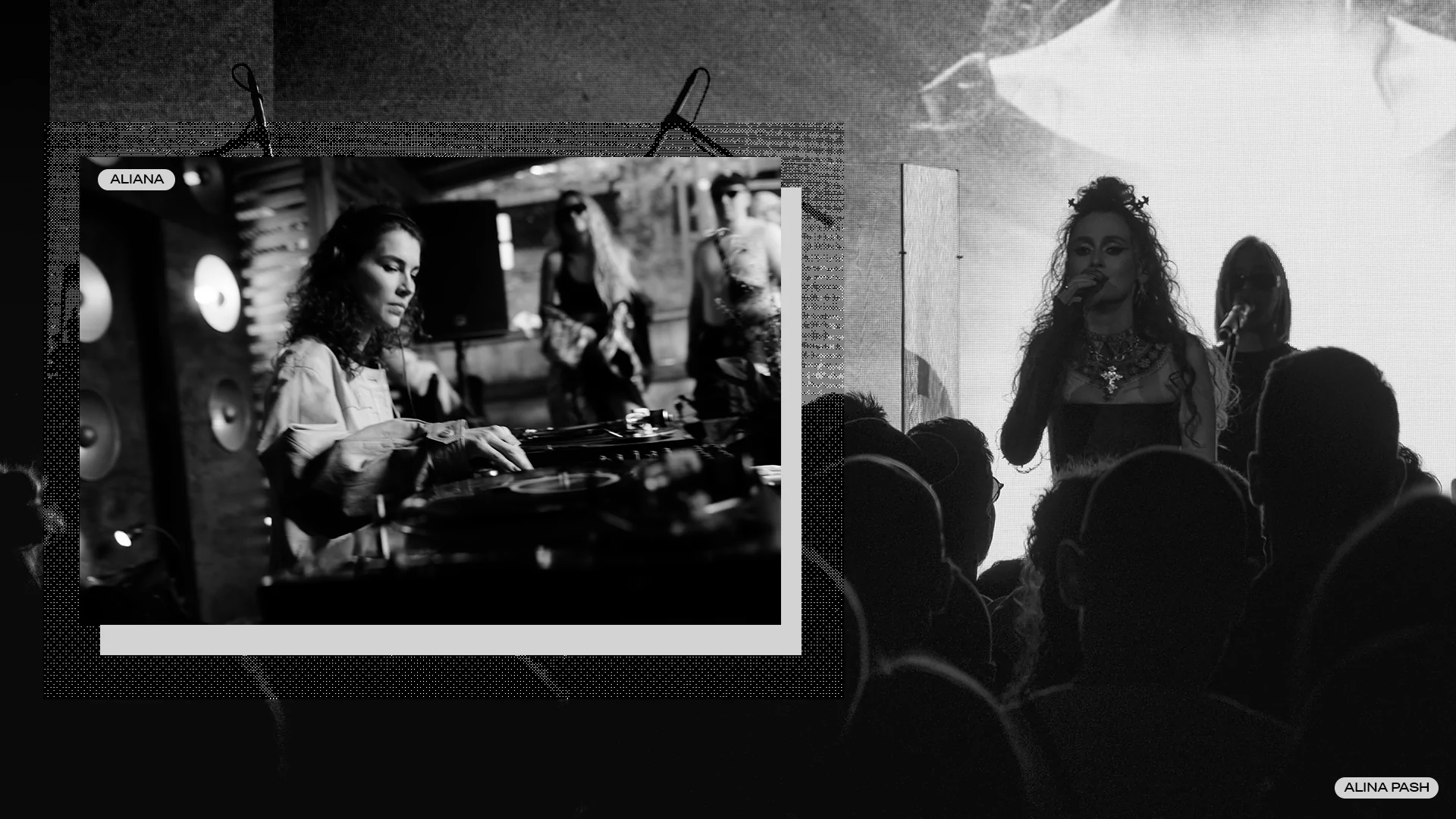 Photo of Dizzy from Alina Pash DJing collaged with a photo of the crowd at Strichka festival
